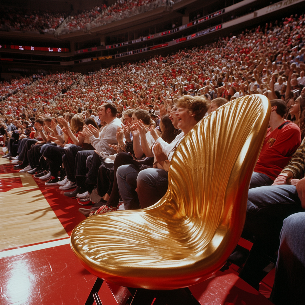 Golden shell seat at basketball game cheers fans.