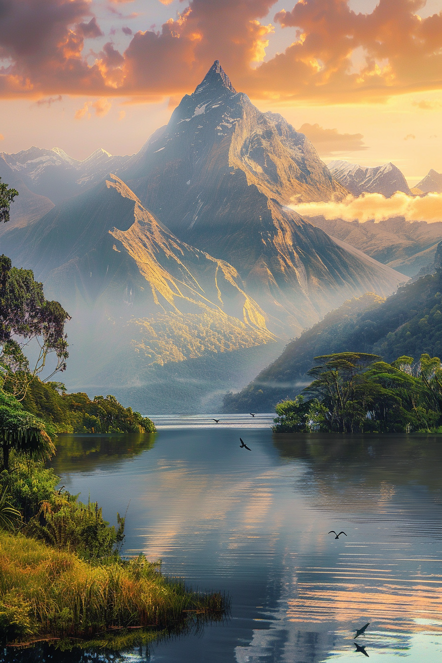 Golden sunrise over majestic mountain range with tranquil lake.