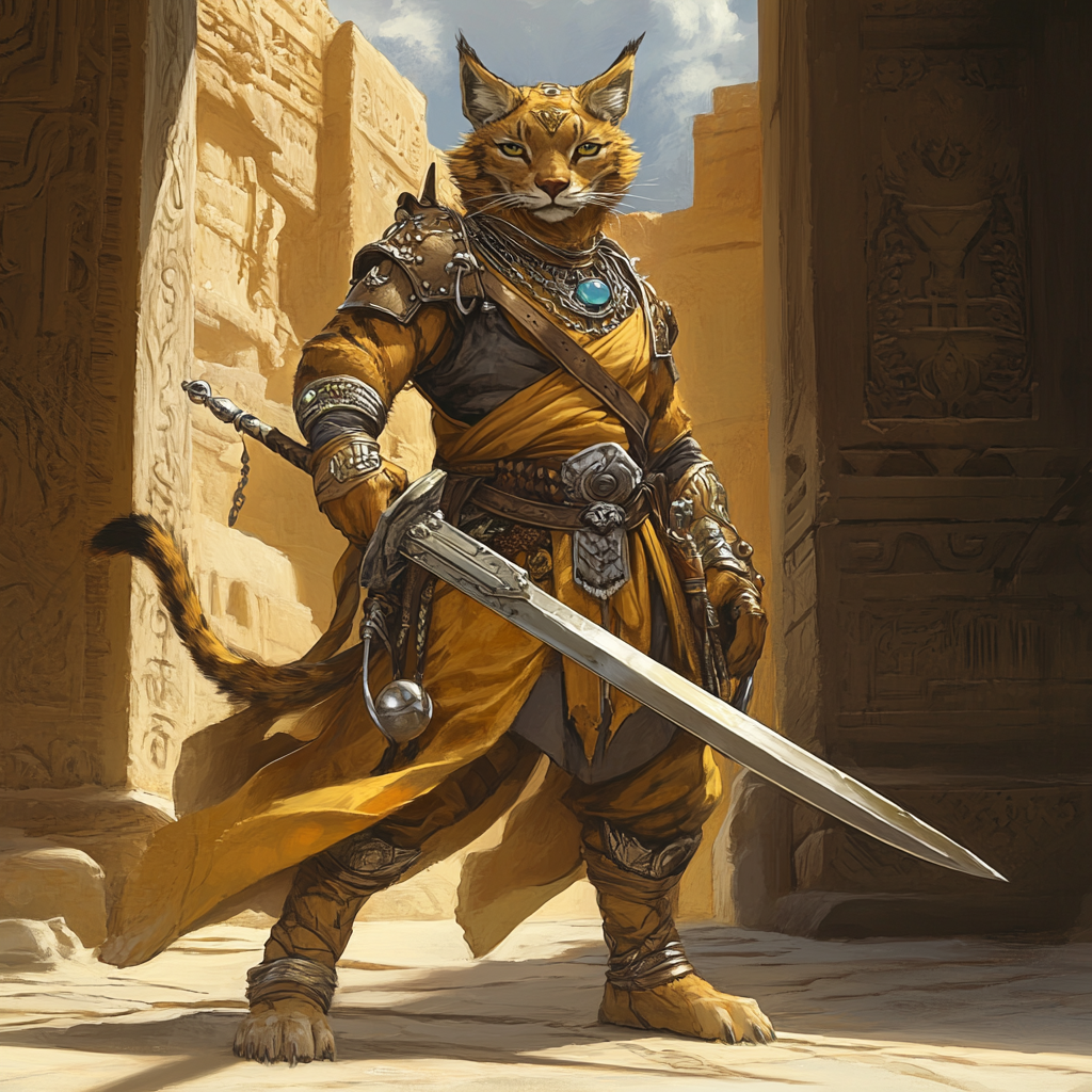 Golden tabaxi warrior protecting sandstone shrine with silver sword.