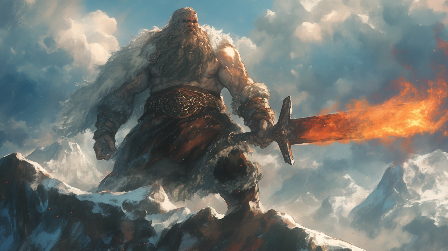 Goliath Warrior on Icy Mountain Peak with Flaming Sword.