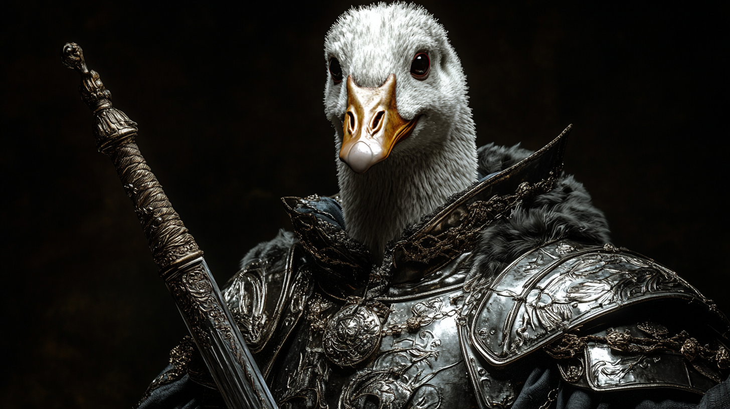 Goose knight ready for battle in silver armor.