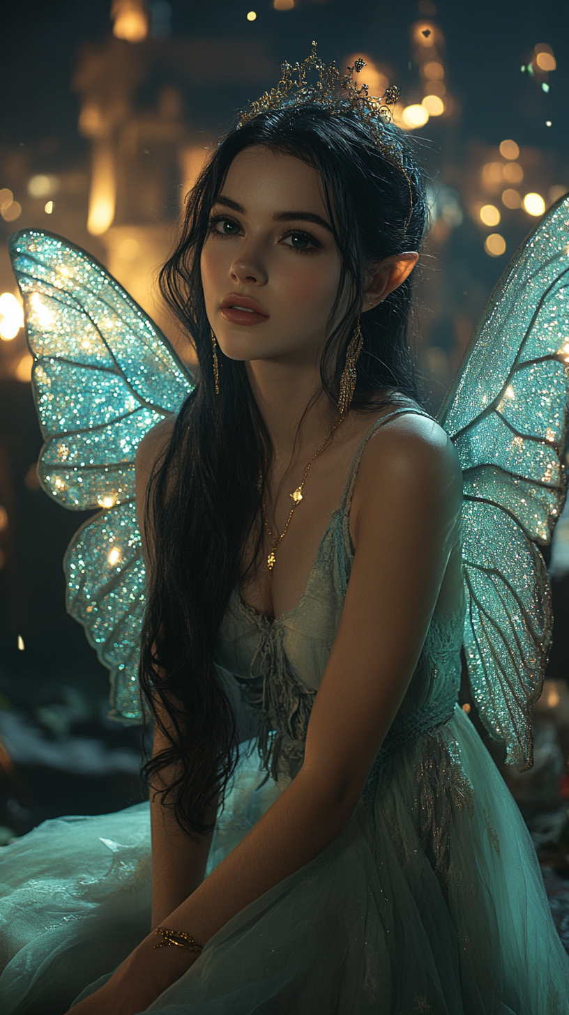 Gorgeous Brazilian fairy with butterfly wings on giant cloud.