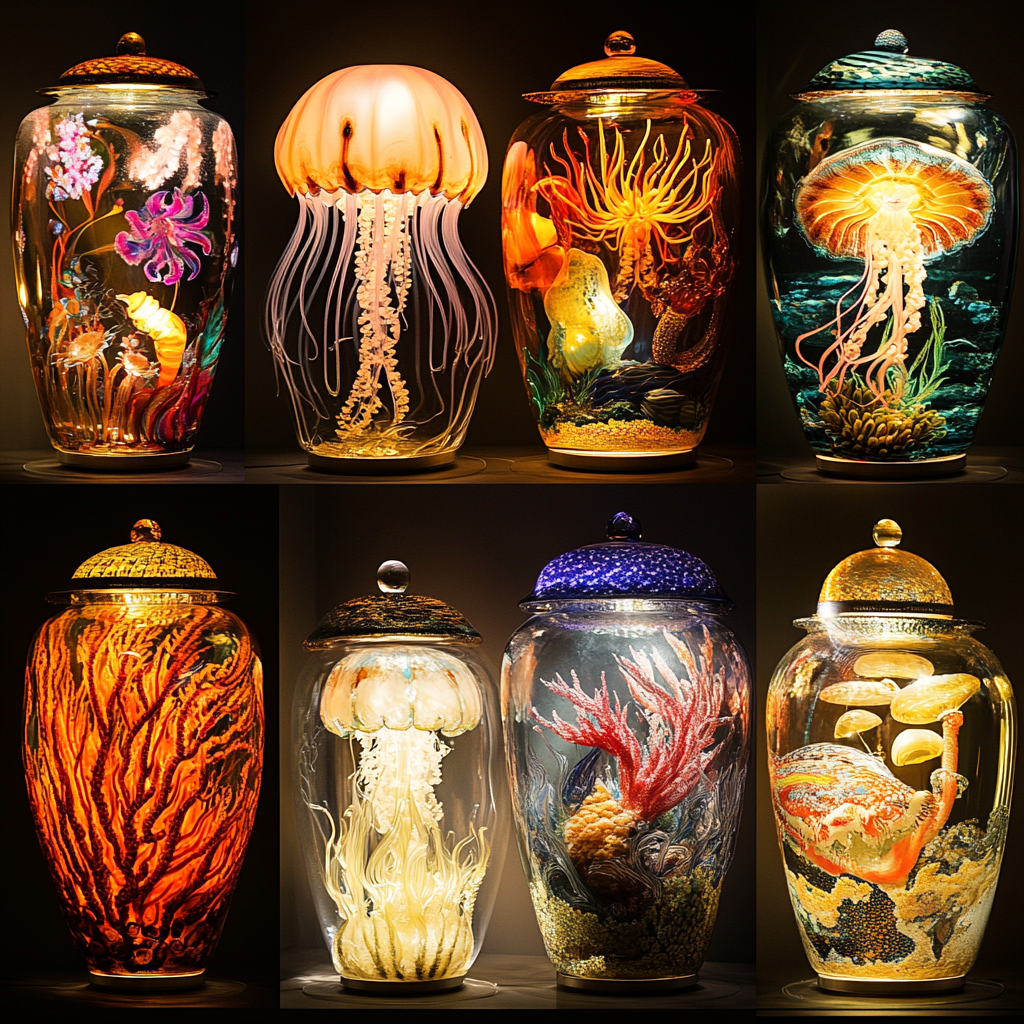 Gorgeous blown glass sea life lamps advertisements.