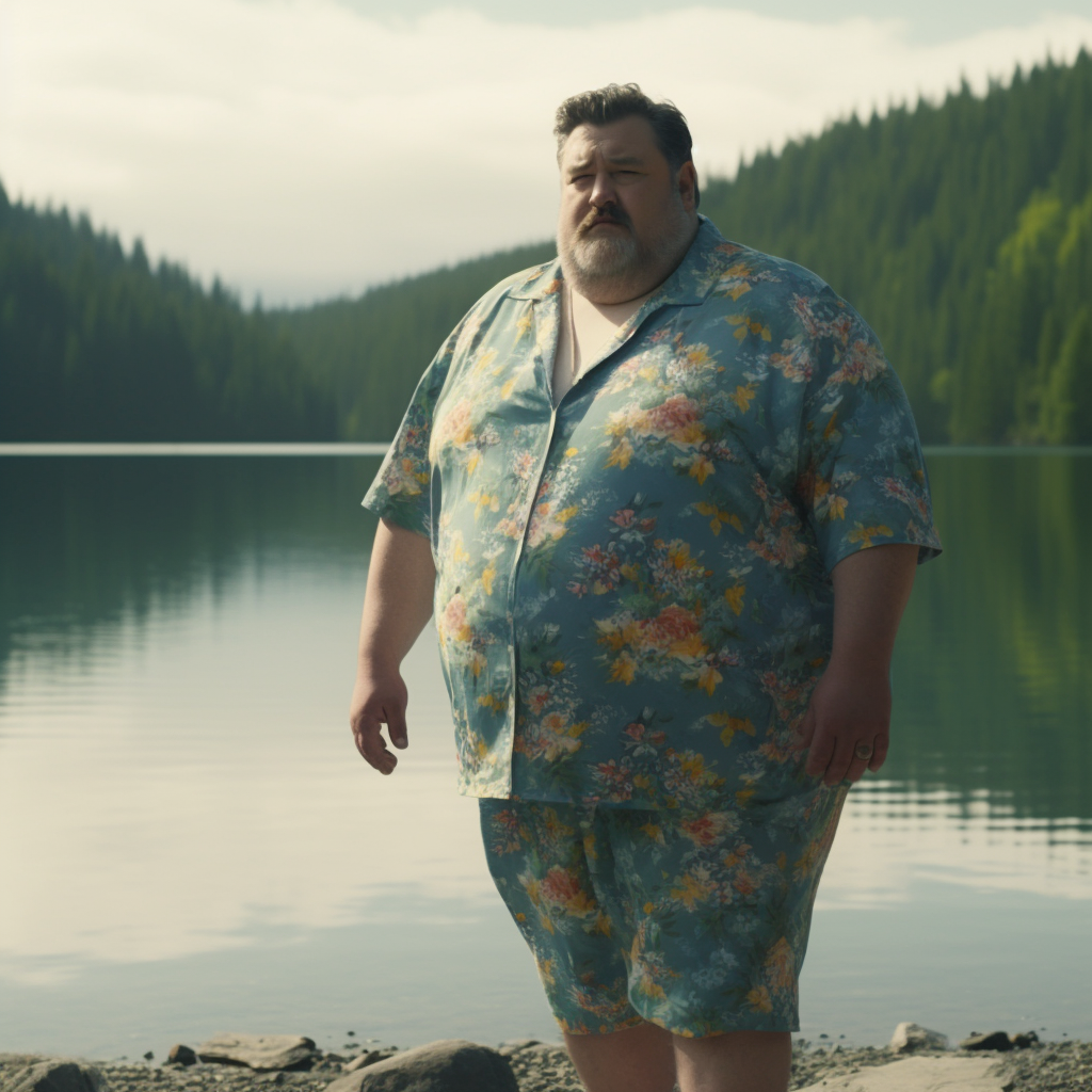 Gorgeous chubby man in floral athleisure by the lake.