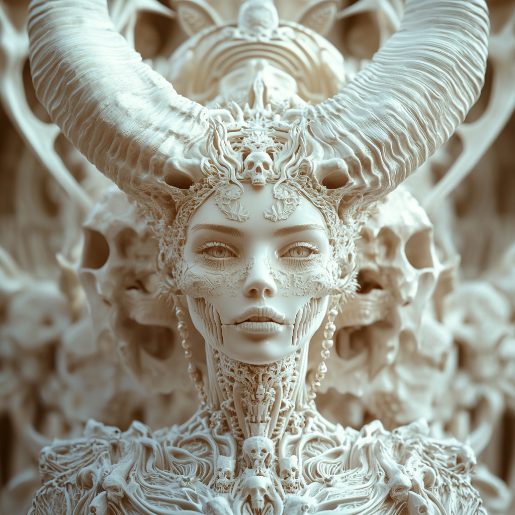 Gorgeous demon with cat skulls, ivory palace interior.