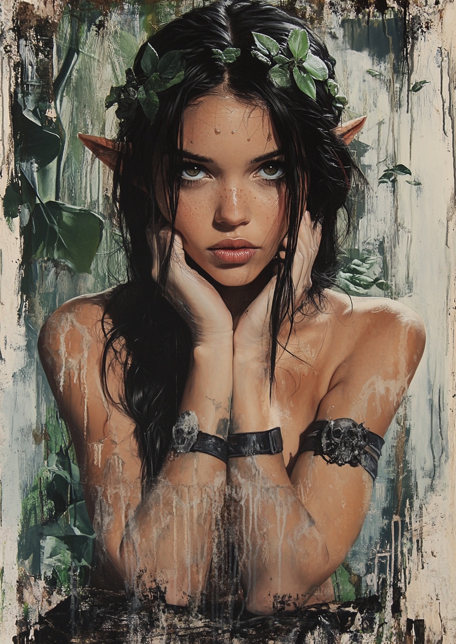 Gorgeous elf mixing realism, pop art, and color.