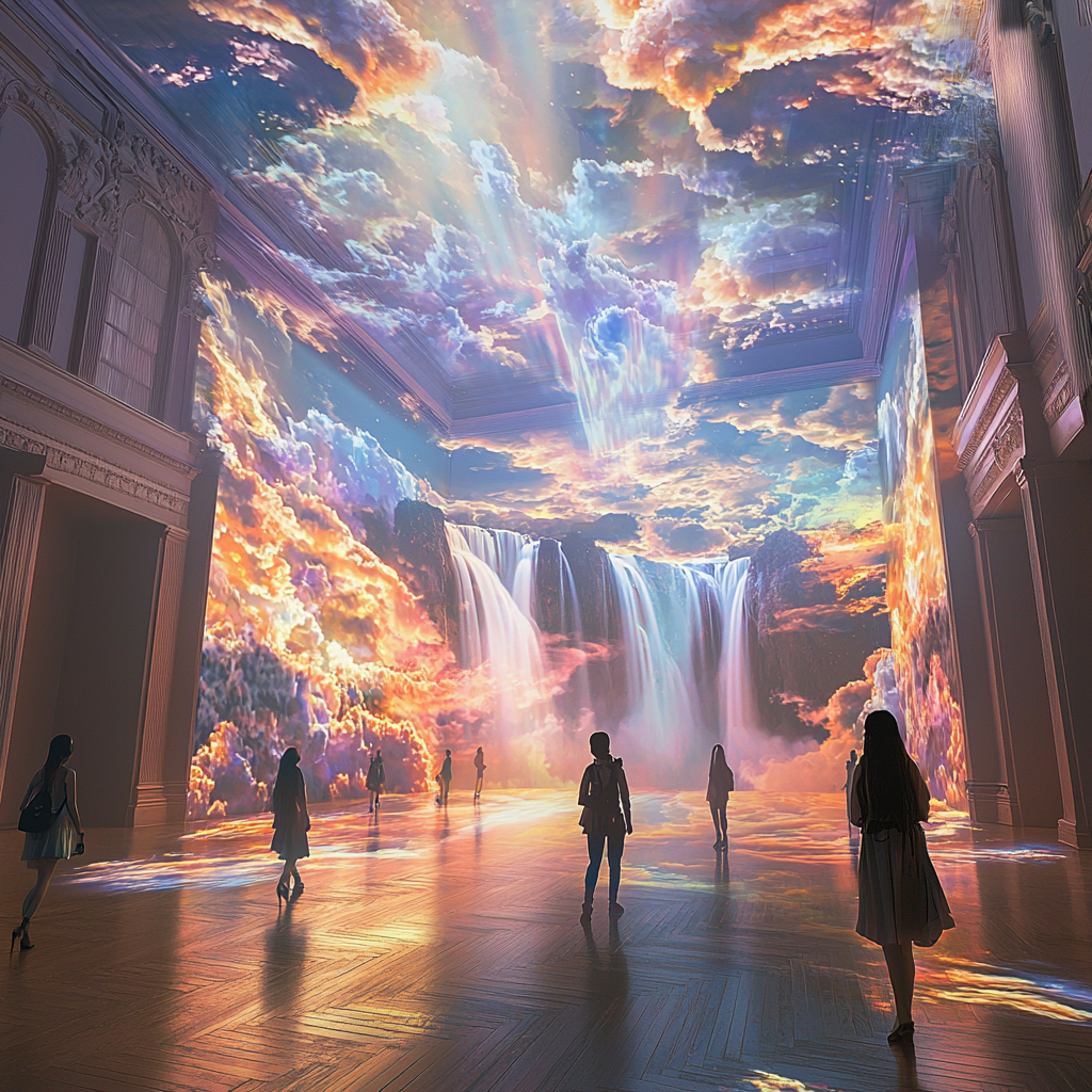 Gorgeous sunset waterfalls in art museum room.