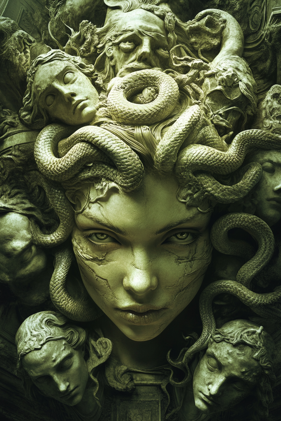 Gorgon with stone figures, serpents as hair, artists' styles.