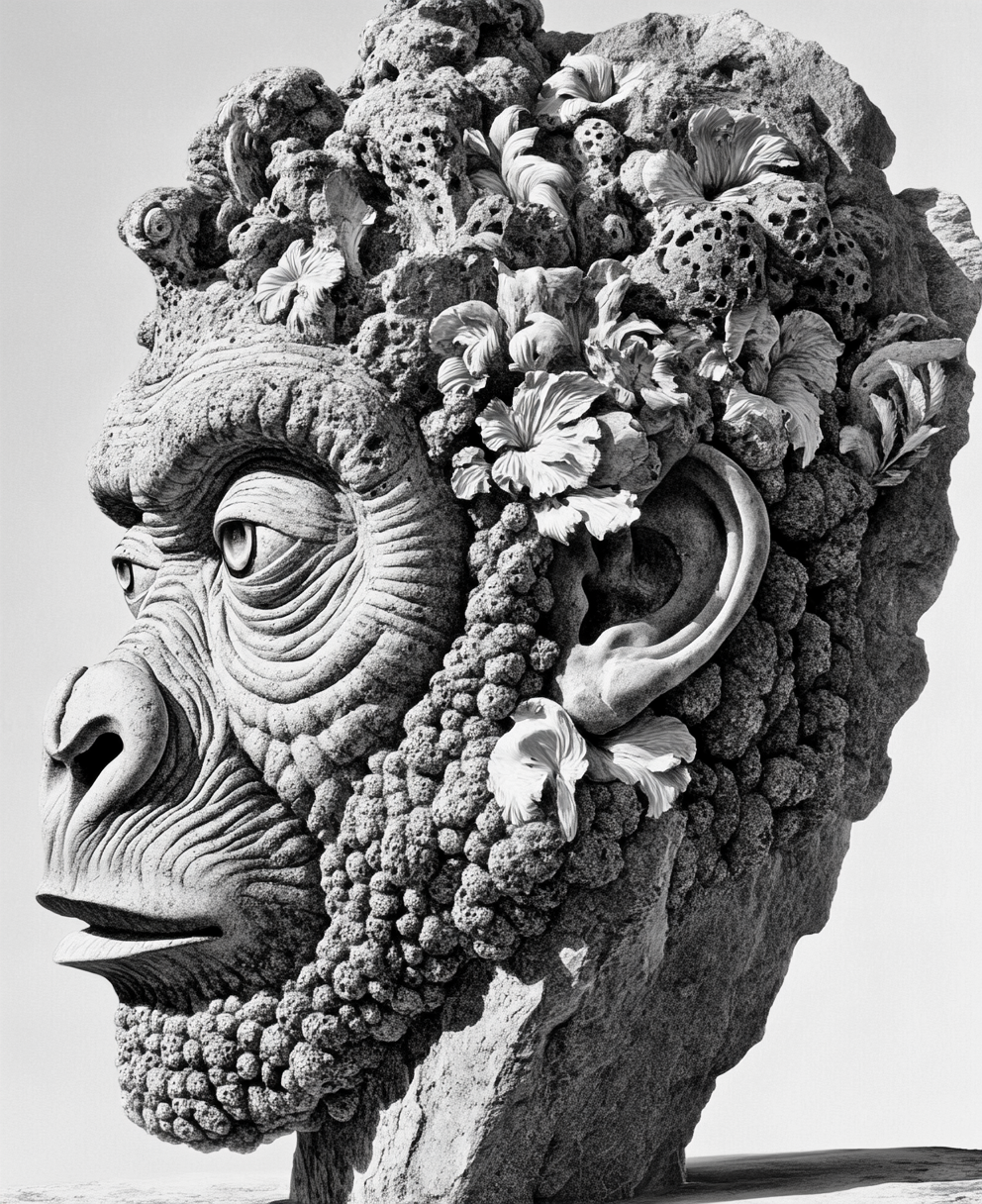 Gorilla head with plants and wildcats, in grayscale.