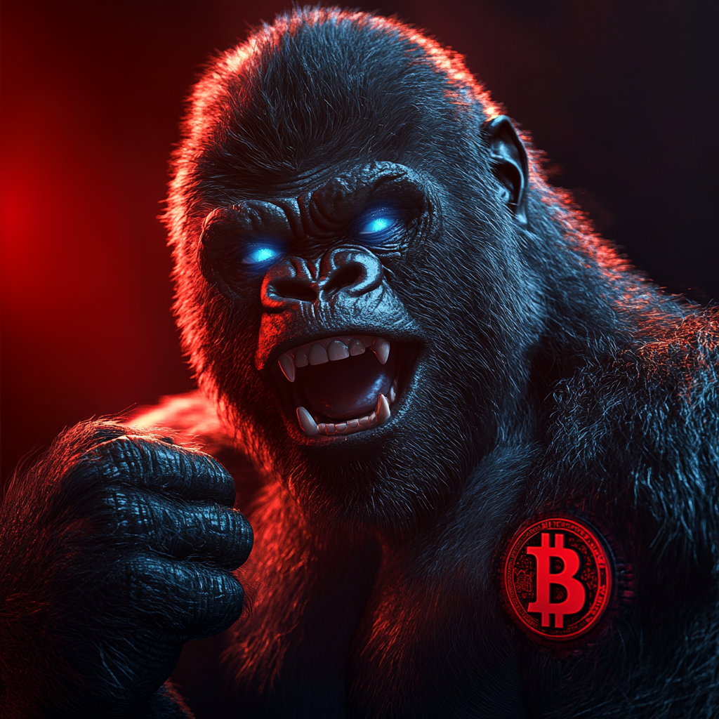 Gorilla holding red 3D bitcoin logo in shadows.