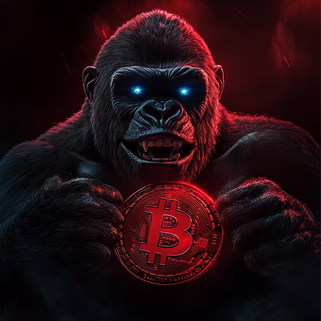 Gorilla holding red bitcoin logo, eyes glowing blue light.