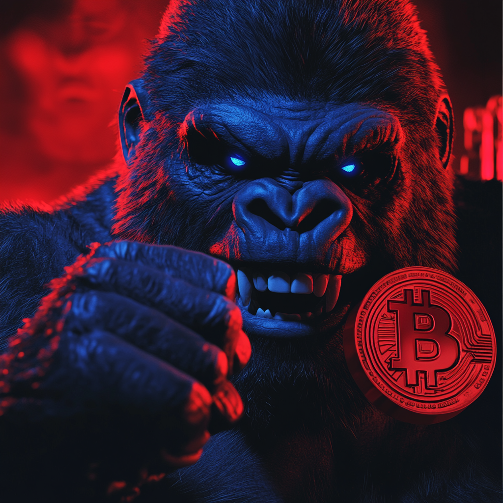 Gorilla holding red bitcoin logo in dark room.