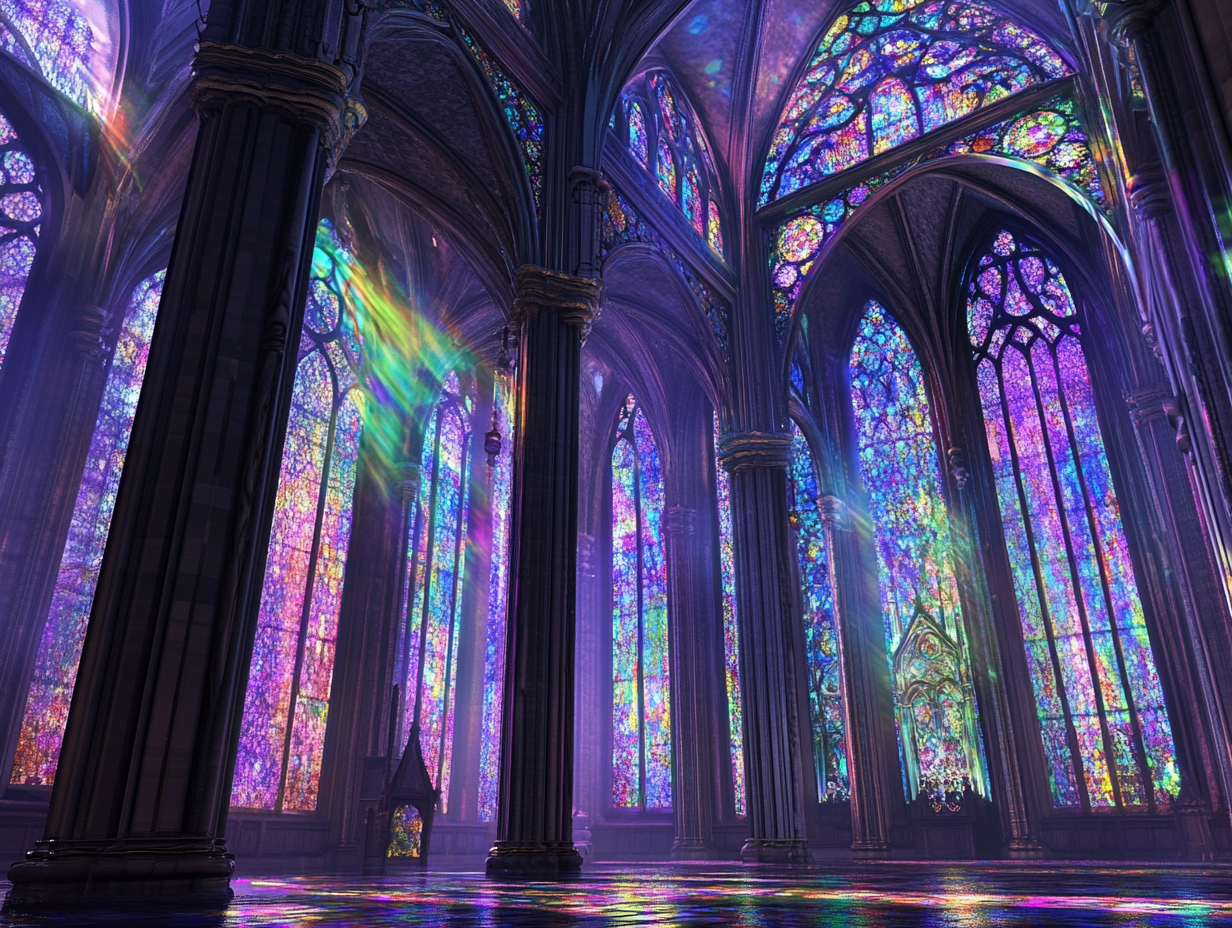 Gothic Cathedral Interior Design with Iridescent Colors 