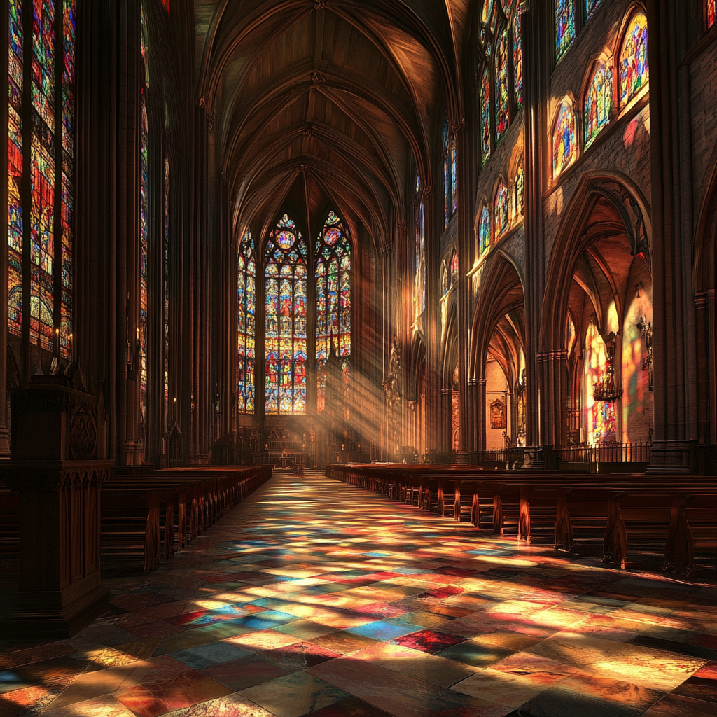 Gothic Cathedral Interior with Stained Glass Windows and Pews