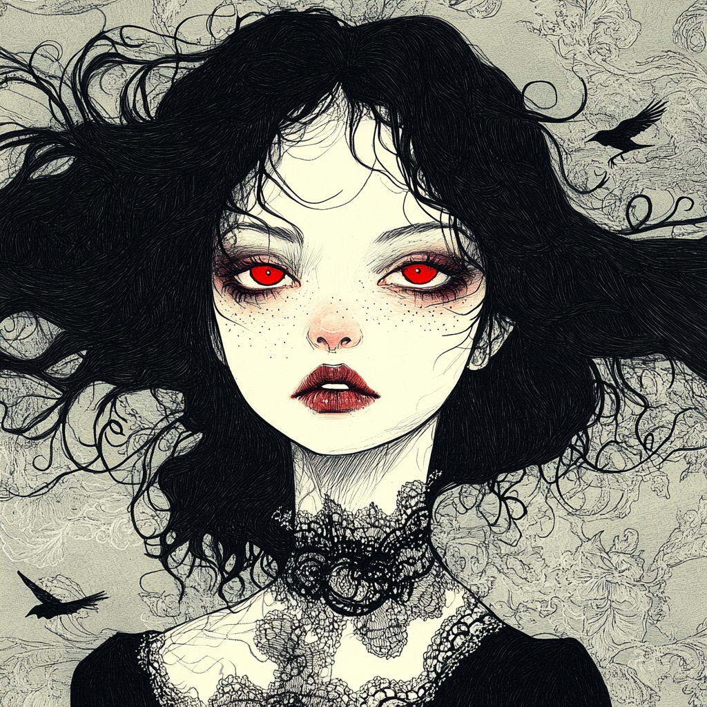 Gothic Girl with Tousled Hair and Red Eyes