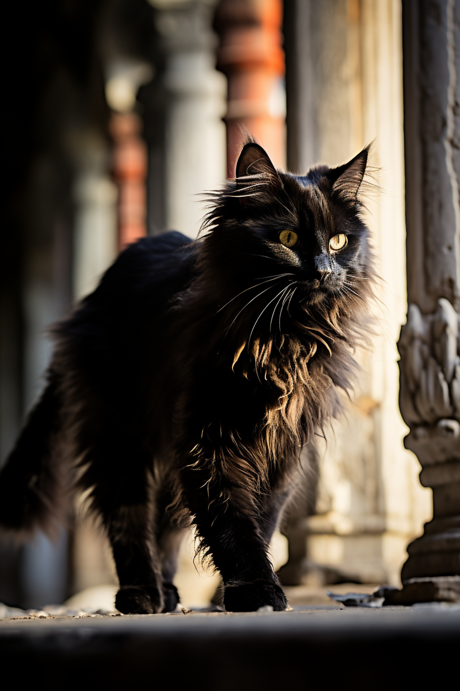 Gothic black cat walking elegantly in dramatic lighting.