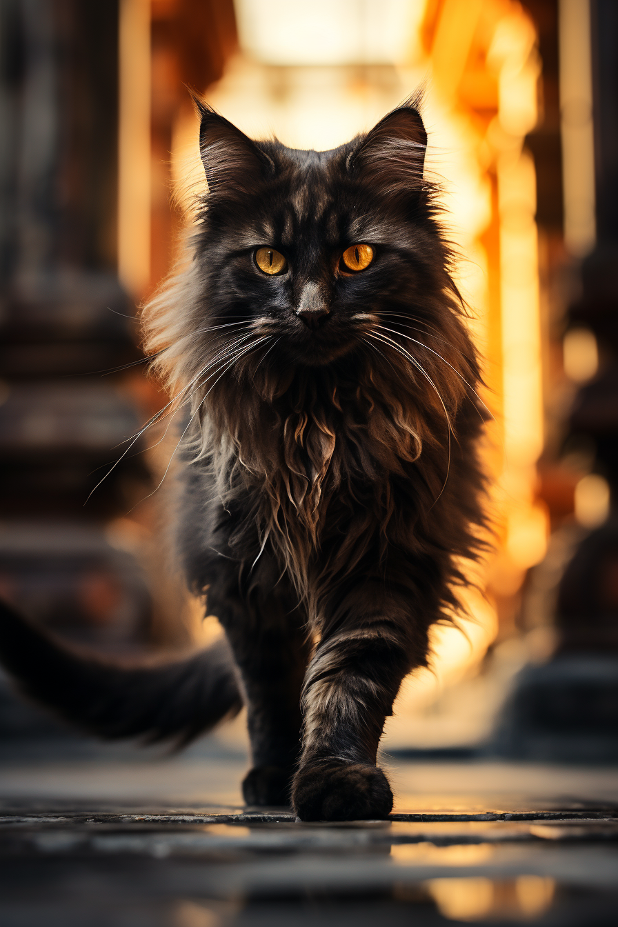 Gothic black cat walking elegantly with sleek fur.