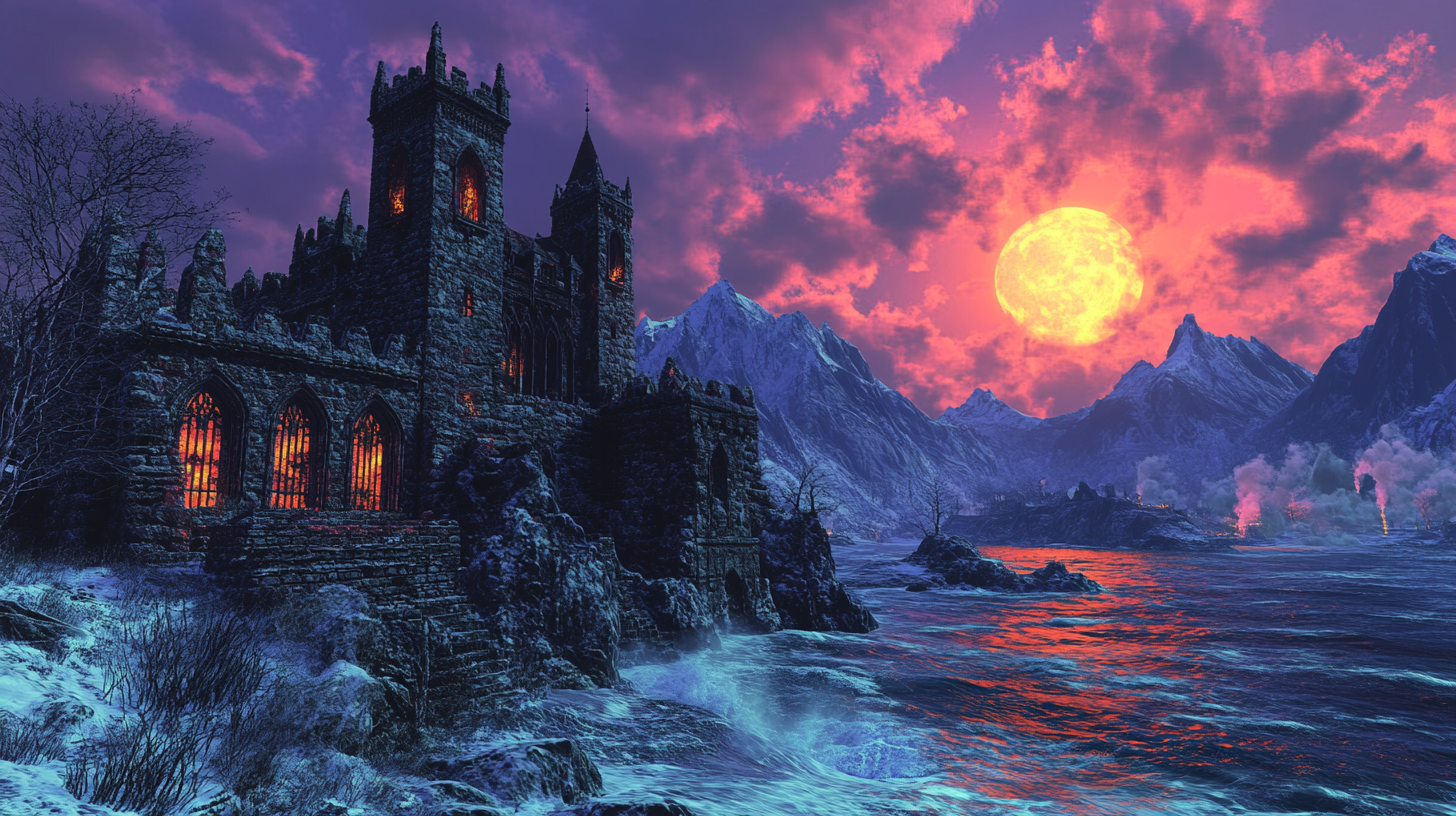 Gothic castle on cliff by turbulent sea.