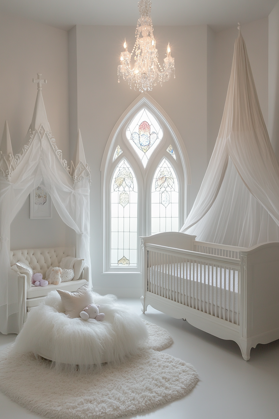 Gothic cathedral-inspired nursery: spire crib, stained glass windows.