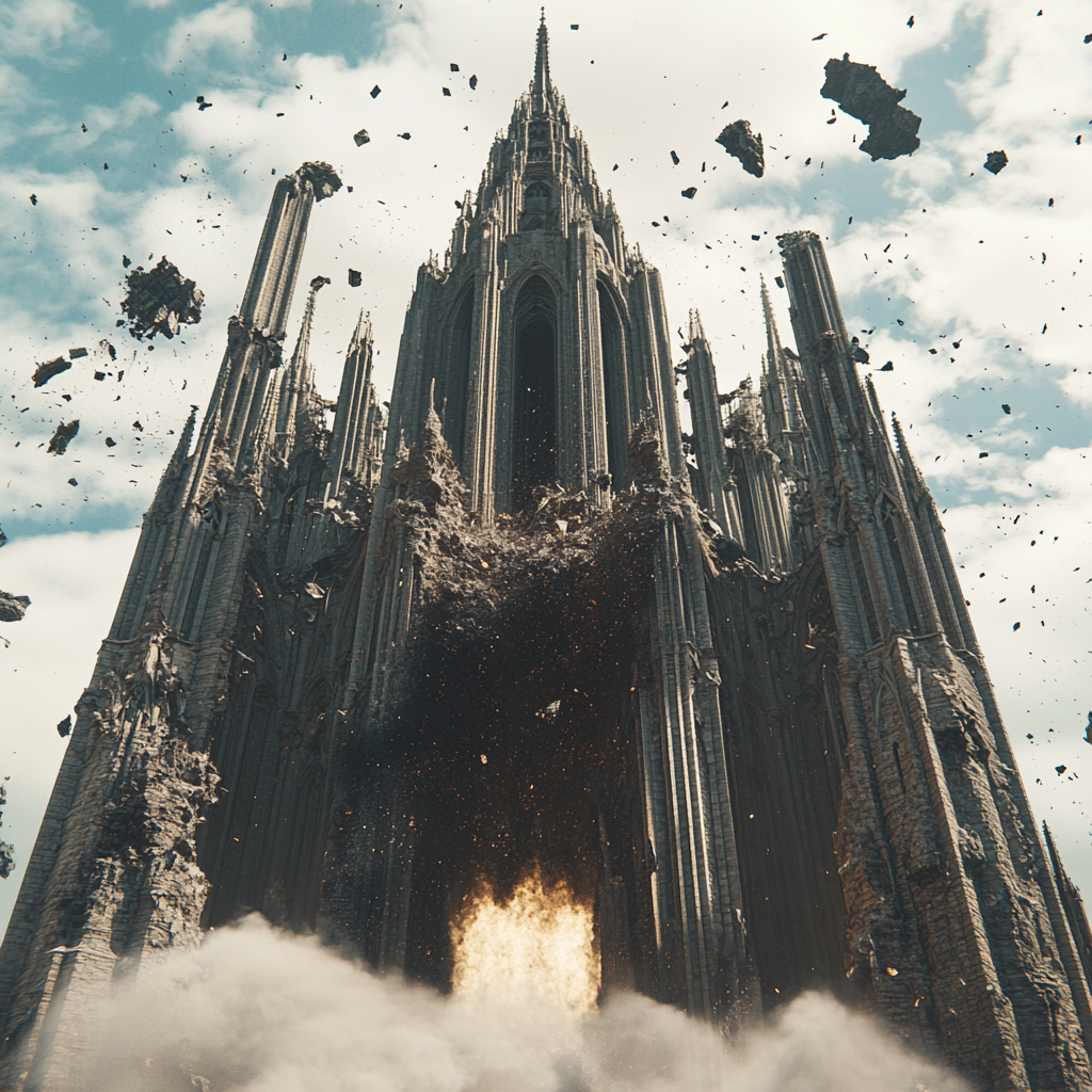 Gothic cathedral levitating above ground, destroyed by shockwaves.