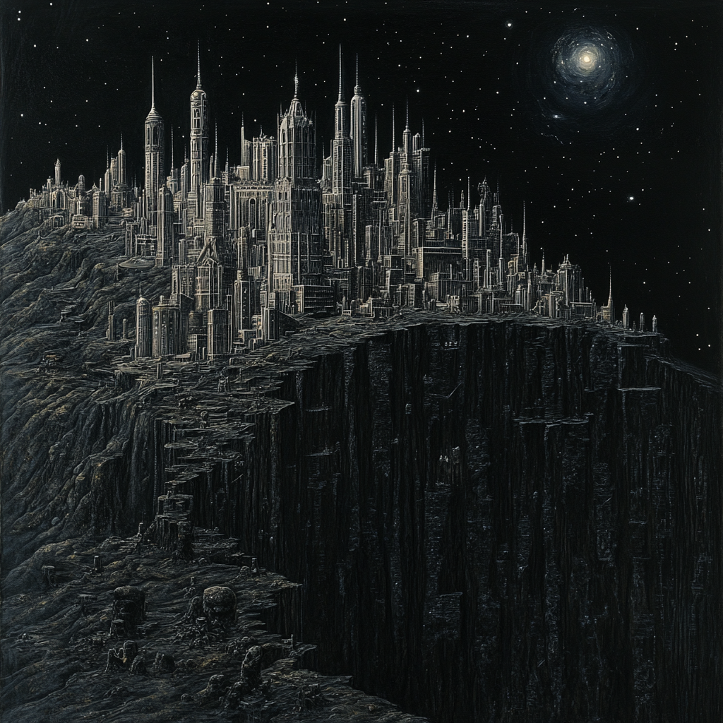 Gothic city on obsidian mountain under dark sky