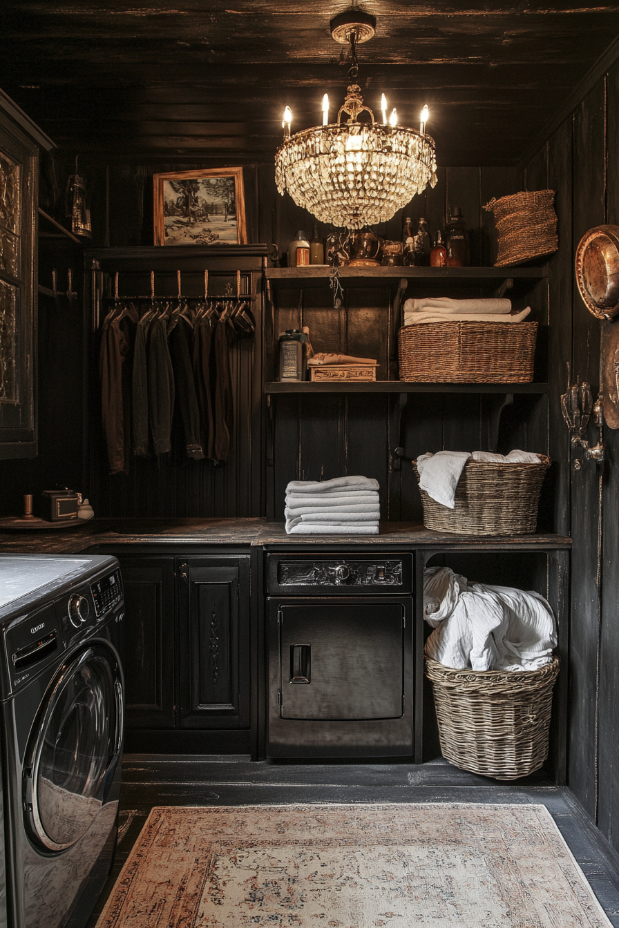 Gothic cowboy laundry room with dark colors and leather.