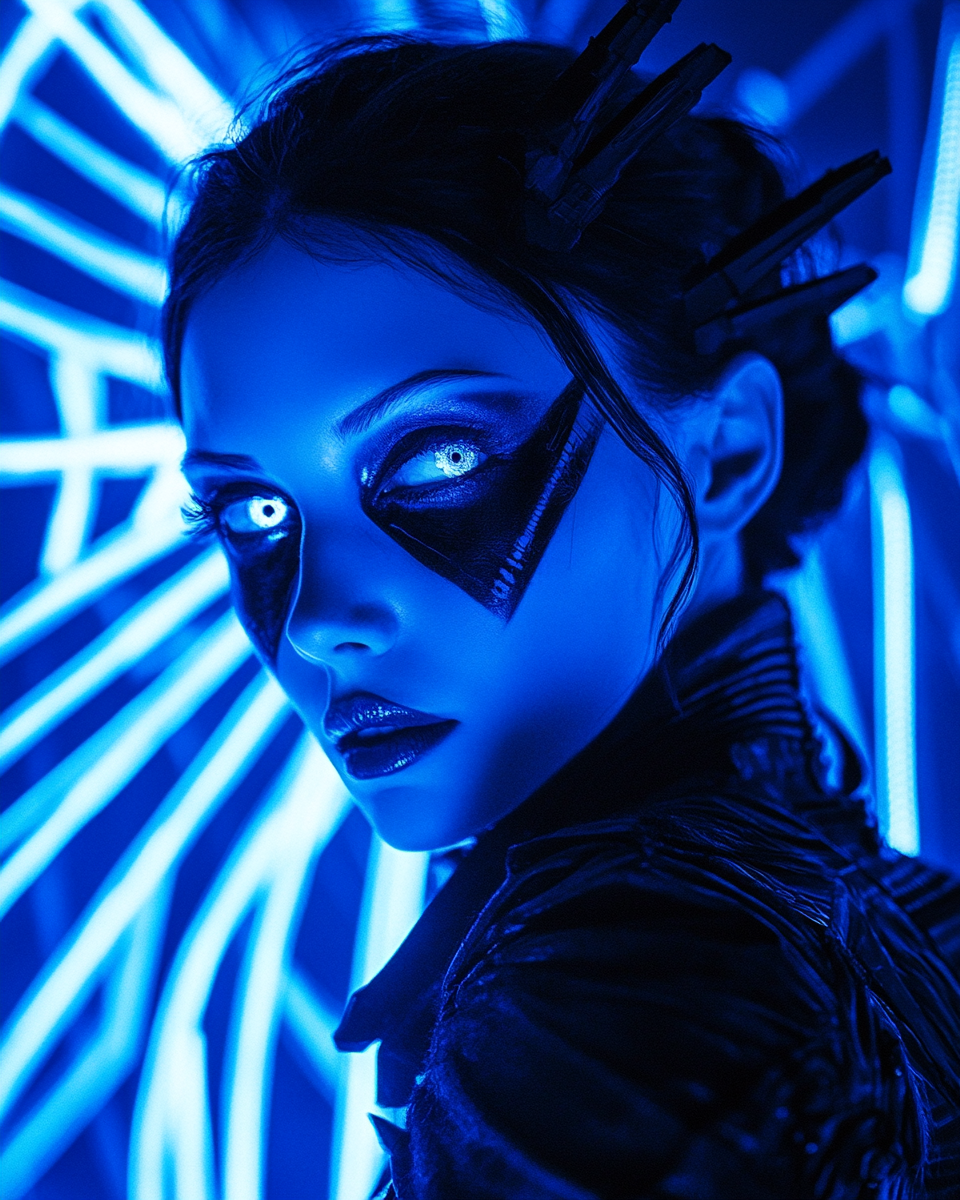 Gothic cyberpunk woman in futuristic neon blue shadows.