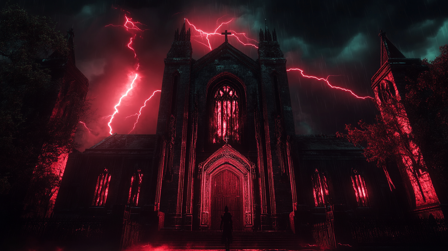 Gothic demon entrance with Manuelino details, red lightning bolt.