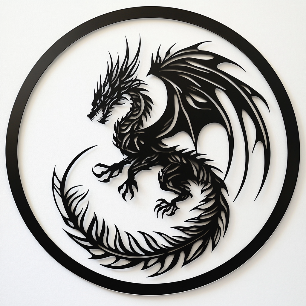 Gothic dragon art in black and white vector style.