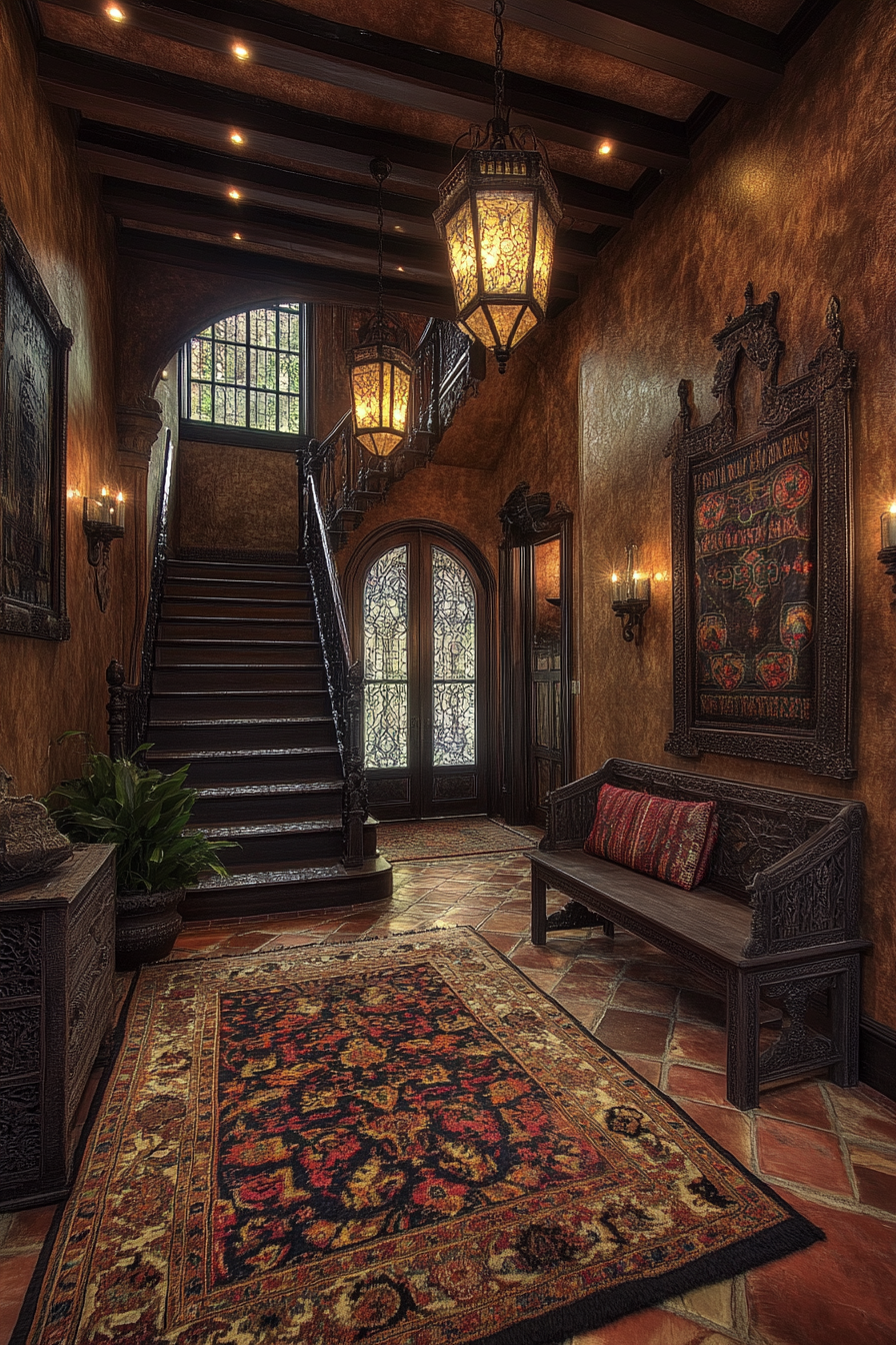 Gothic entryway with swinging pendulum pendants and rich tapestries.