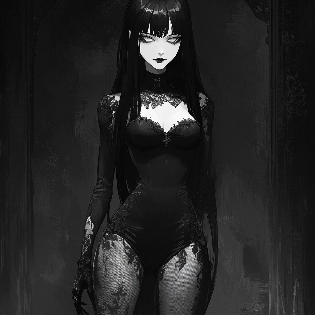 Gothic female vampire with long black hair.