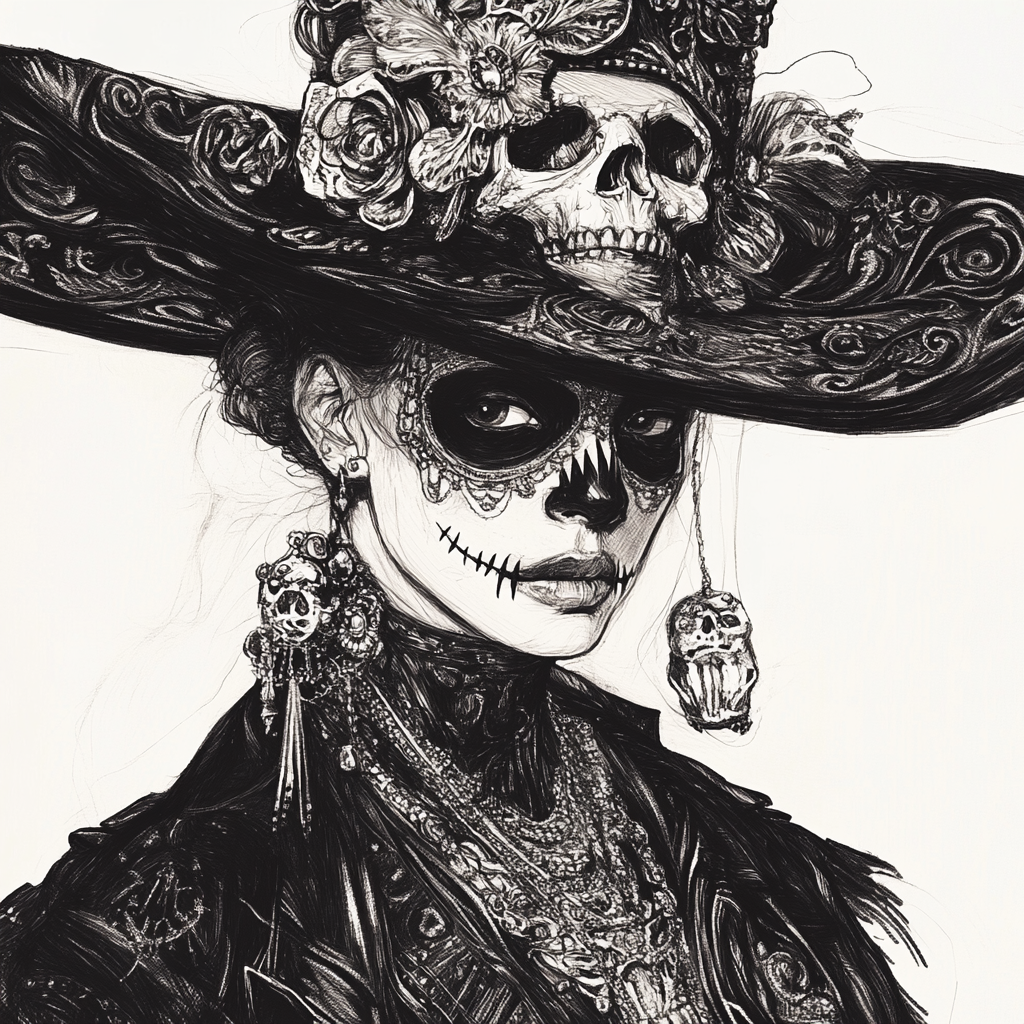 Gothic figure in ornate attire with skull motif