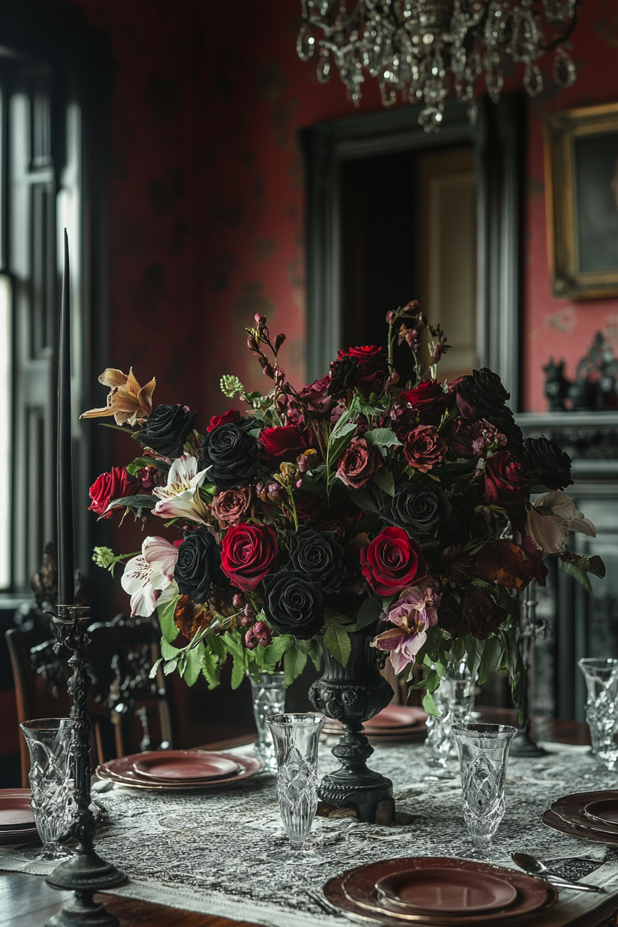 Gothic floral arrangement with black roses and wilted lilies.