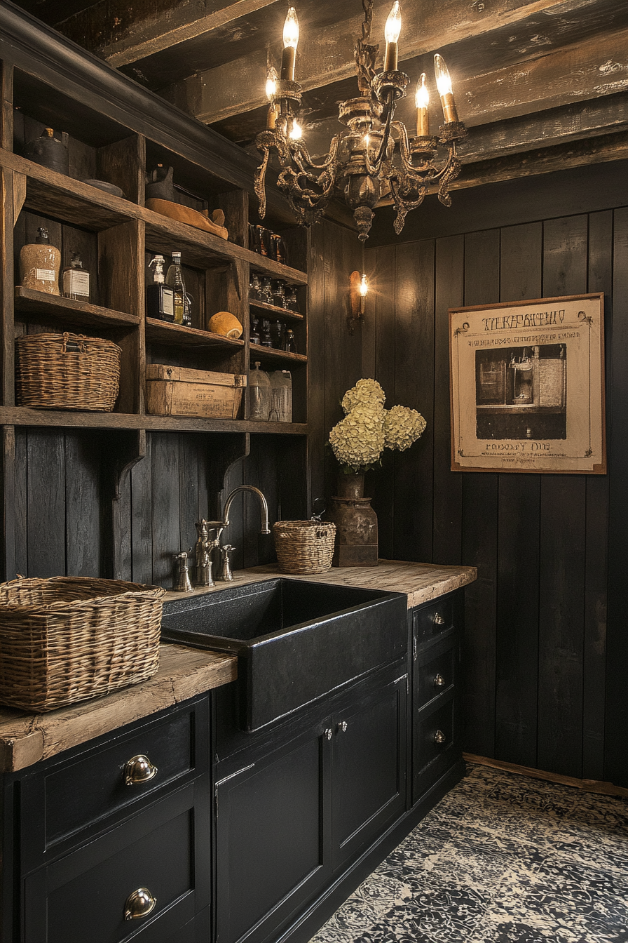 Gothic laundry room with steel cabinets, iron fixtures, chandelier.