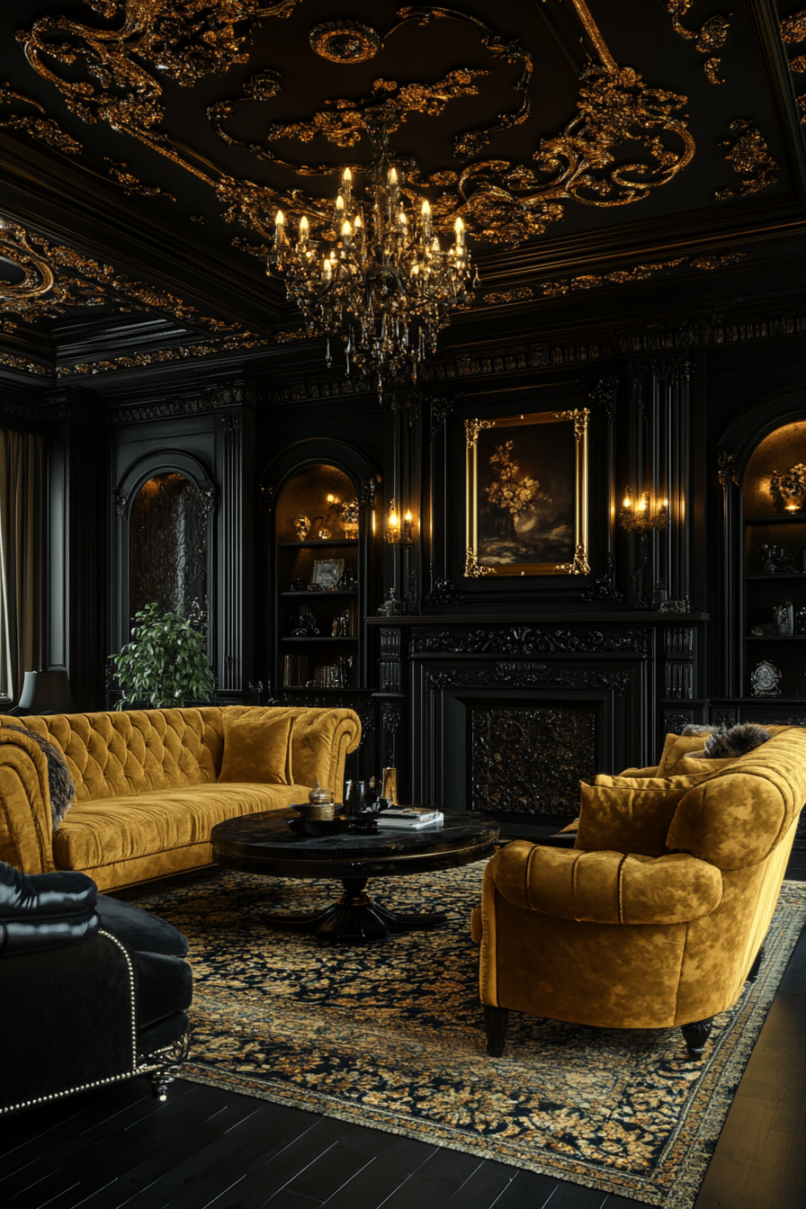 Gothic living room with opulent gold accents and lighting.