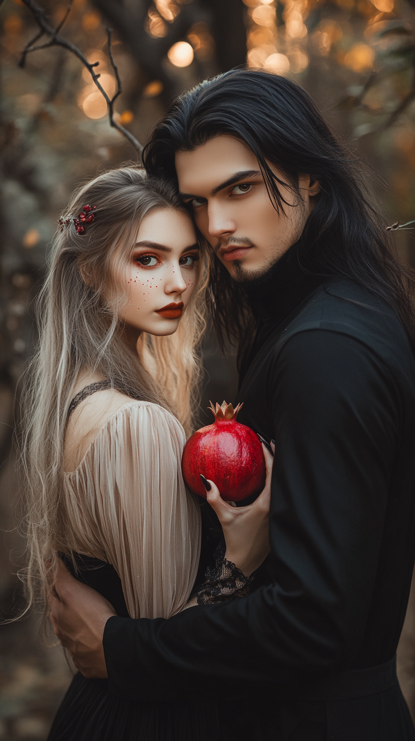 Gothic man and innocent woman with pomegranate in woods.