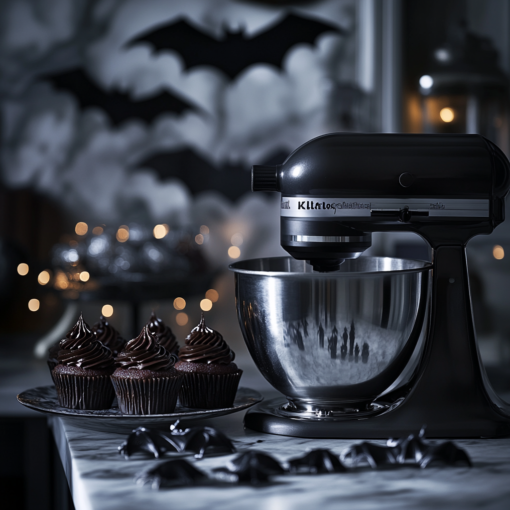 Gothic steampunk mixer with haunted cupcakes and bats