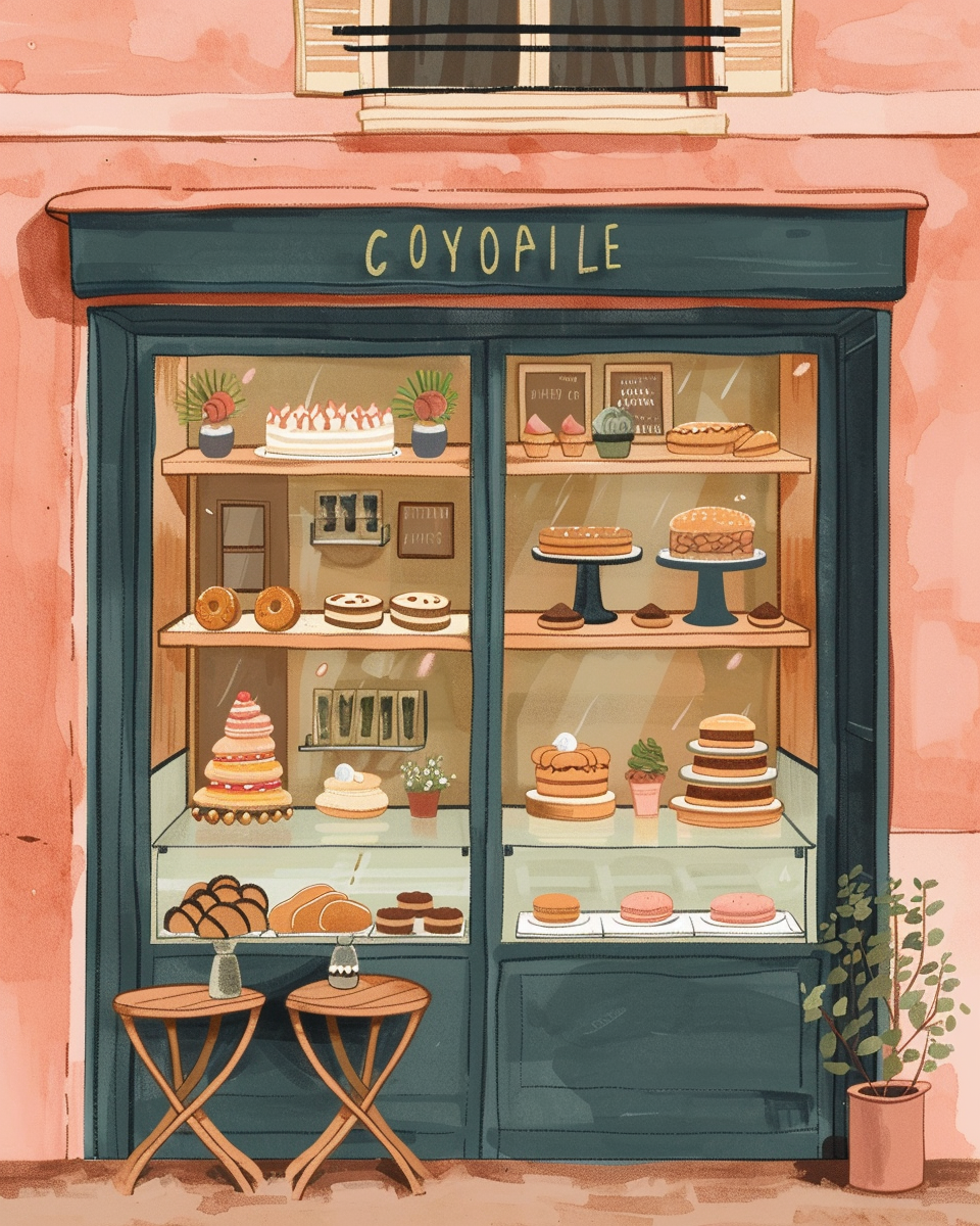 Gouache illustration of Parisian bakery with pastries in window.