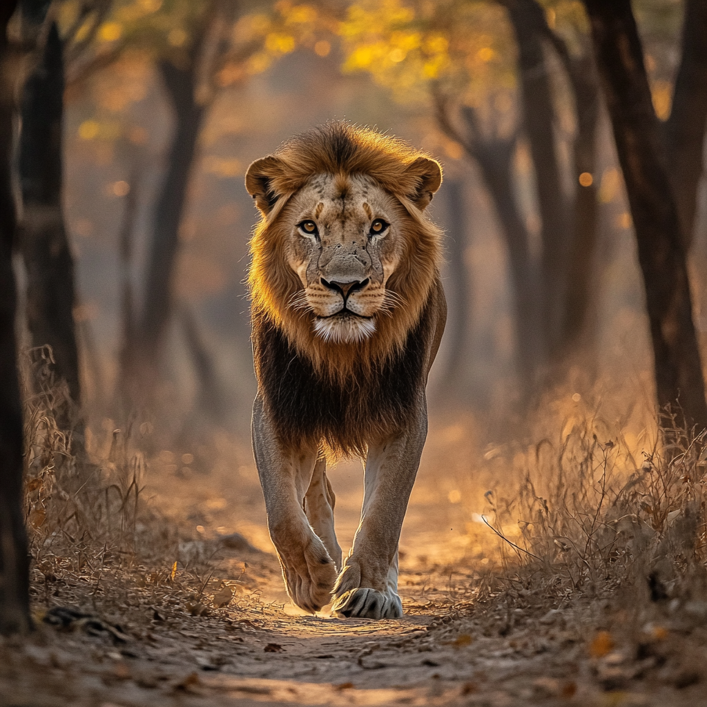 Gouache painting of Asiatic lion in Gir National Park