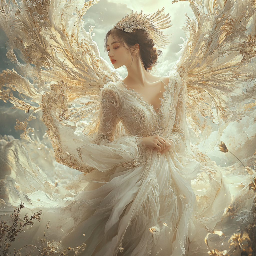 Graceful, empowering scene depicts divine femininity and beauty.