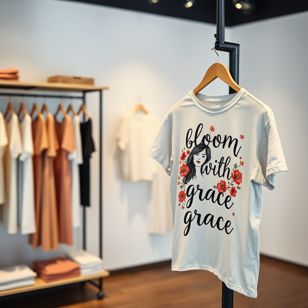 Graceful Bloom T-shirt displayed in simple store.