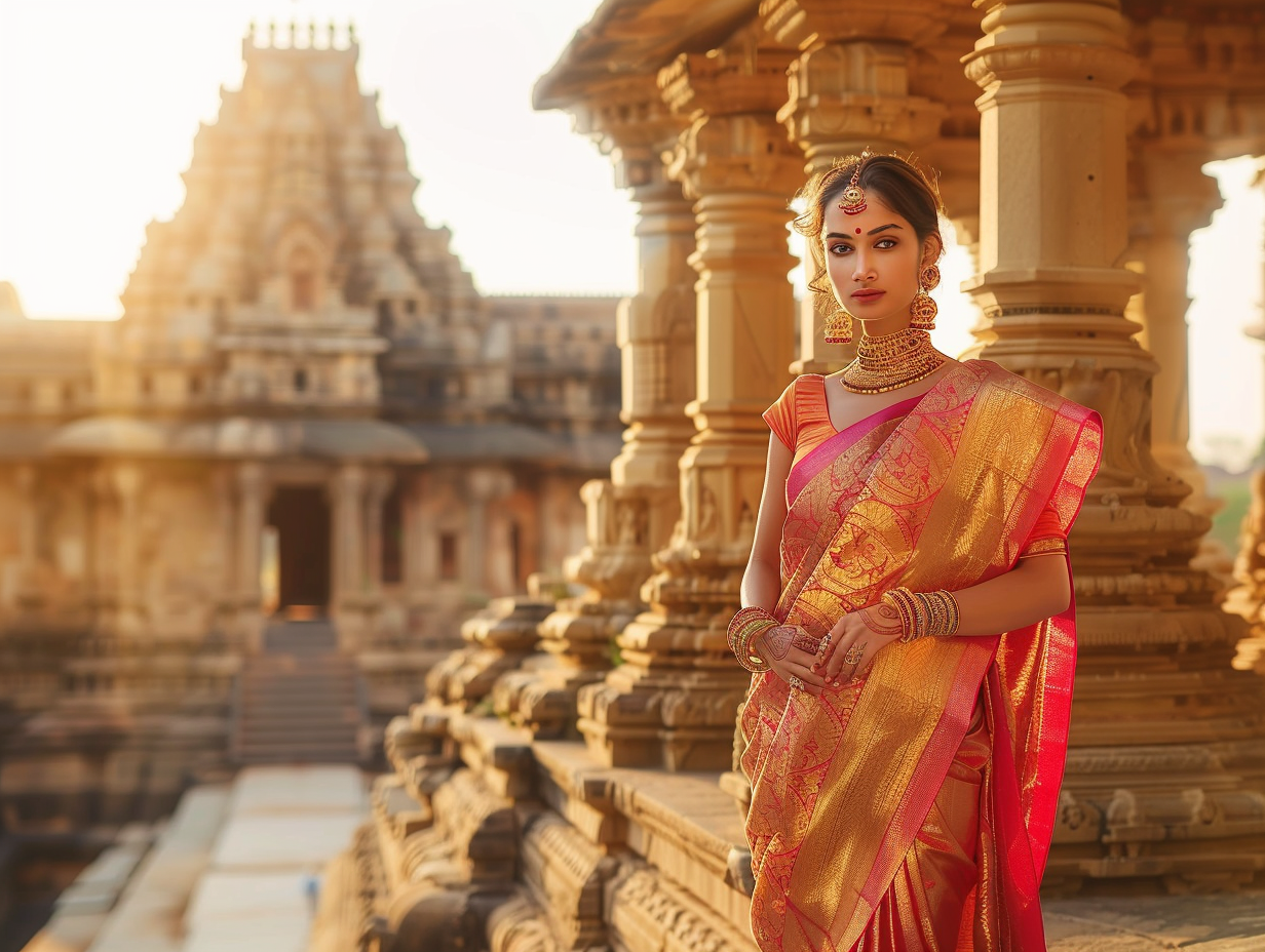 Graceful Woman in Red and Gold Saree at Temple