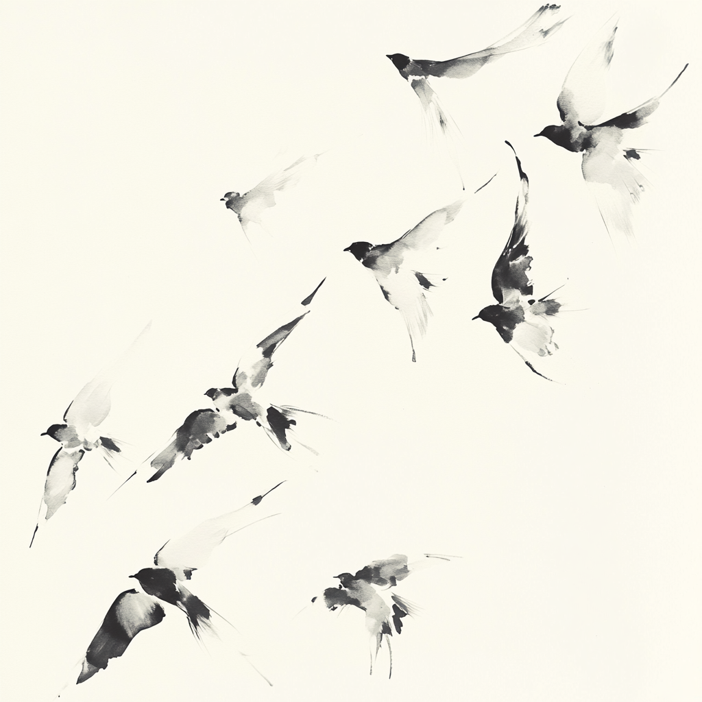 Graceful birds in minimalistic black and white flight