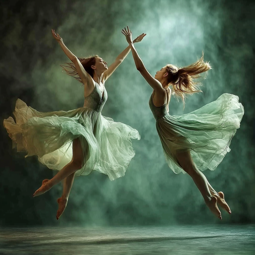 Graceful dancers perform synchronized jump in blue-green costumes.