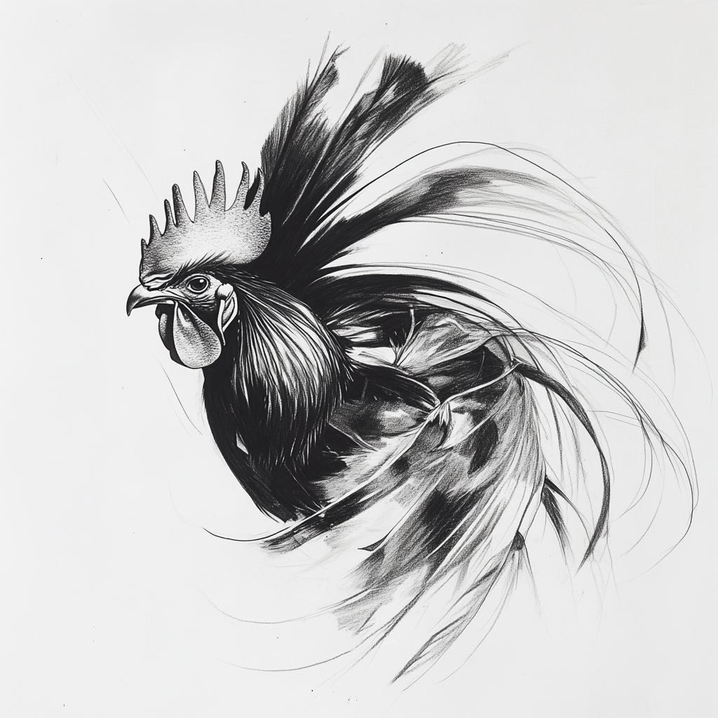 Graceful rooster mid-strut, expressive pencil drawing.