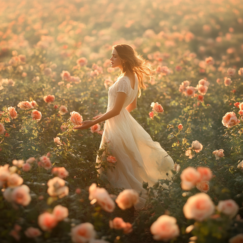 Graceful woman in vast rose field at dawn 