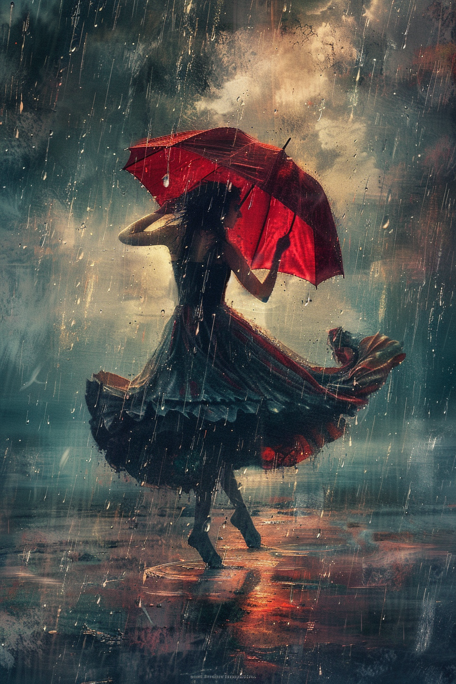 Graceful woman twirling with vibrant red umbrella in rain.