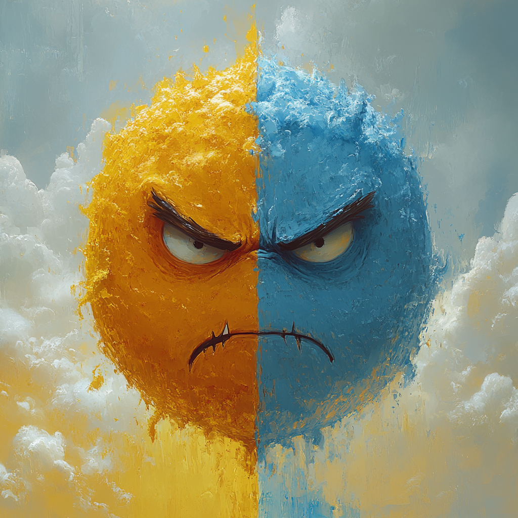 Gradient sky with angry face and clouds