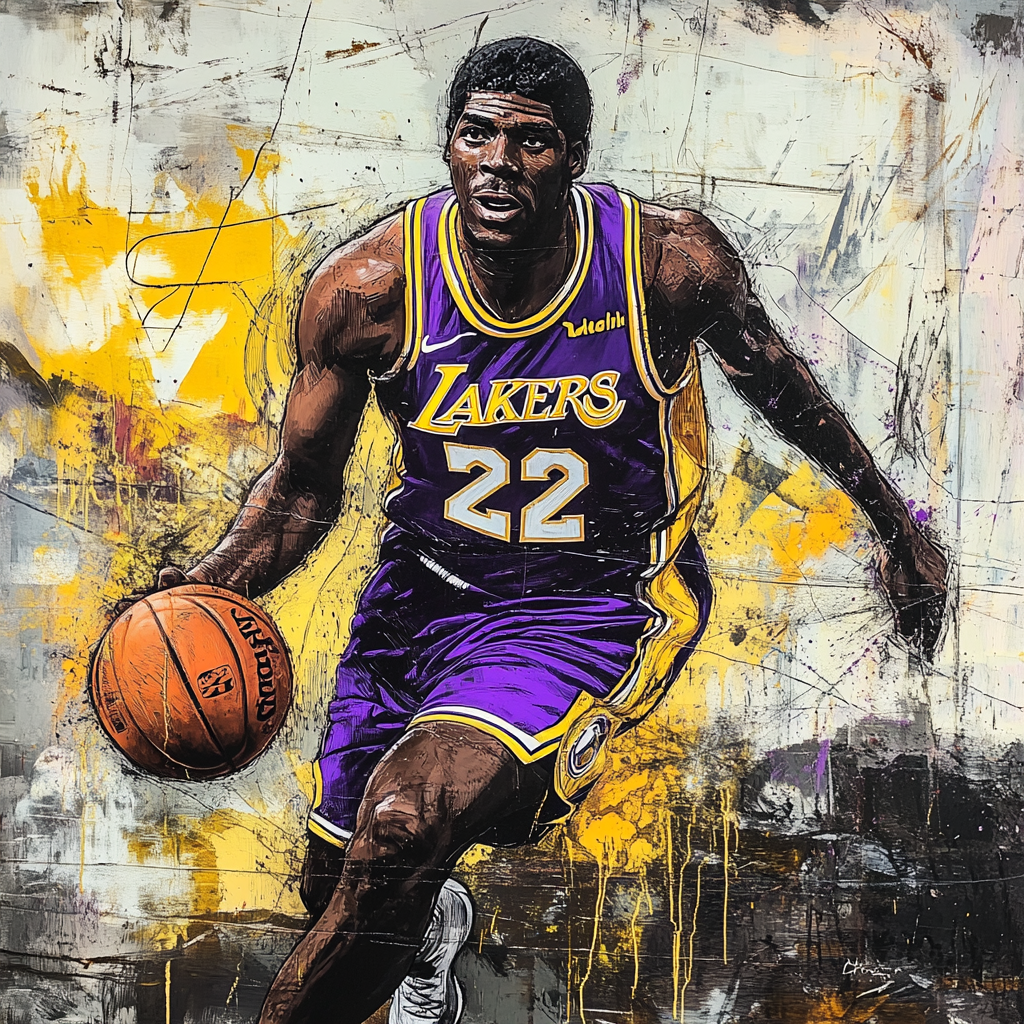 Graffiti mural of Magic Johnson in Lakers jersey.