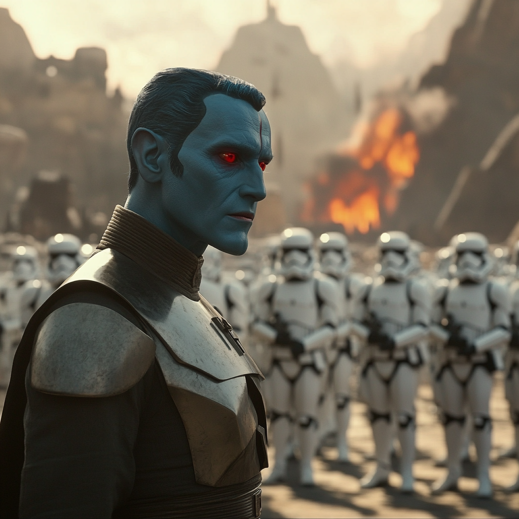 Grand Admiral Thrawn Addressing Chiss Warriors on Barren Planet